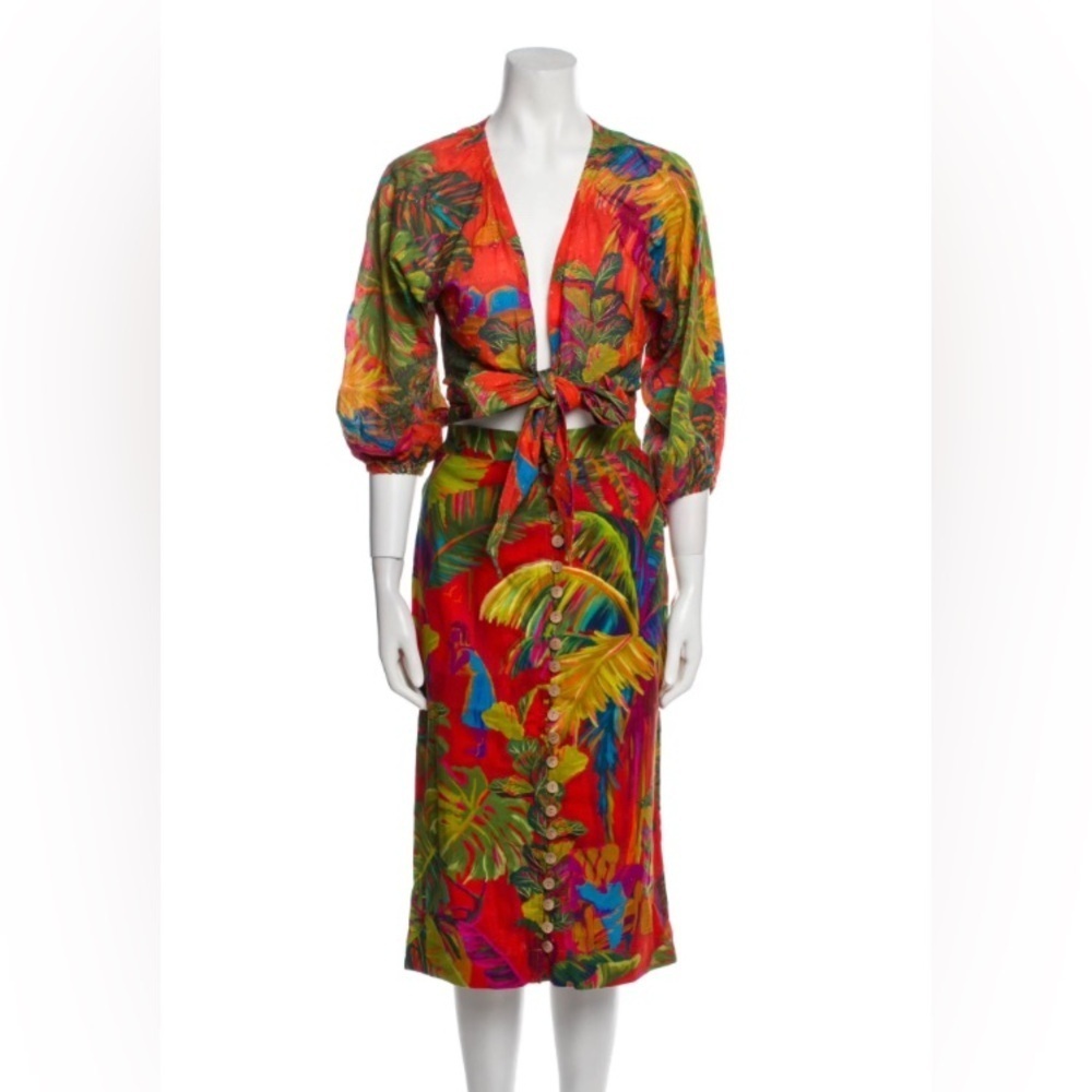 Farm Rio  Anthropologie Urban Jungle Button Down Midi Skirt & Tie Blouse - Picture 7 of 15